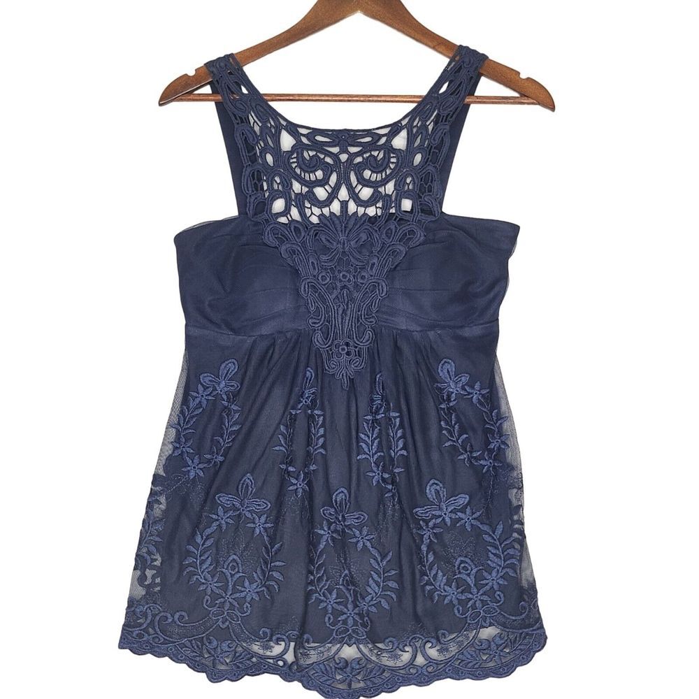 Boston Proper Navy Blue Crochet Embroidered High Neck Tank Top XS